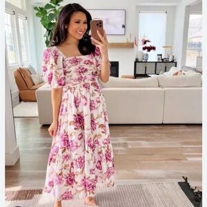 NEW Abercrombie & Fitch Emerson Poplin Puff Sleeve Midi Dress in Pink Floral XXS